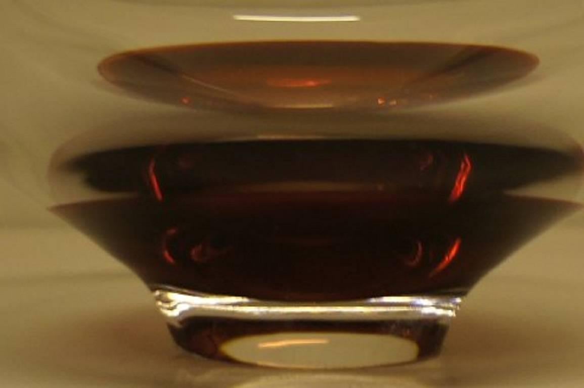 Scandinavian Modern Orrefors Art Glass Bowl with Black Rim and Dark Red Bottom