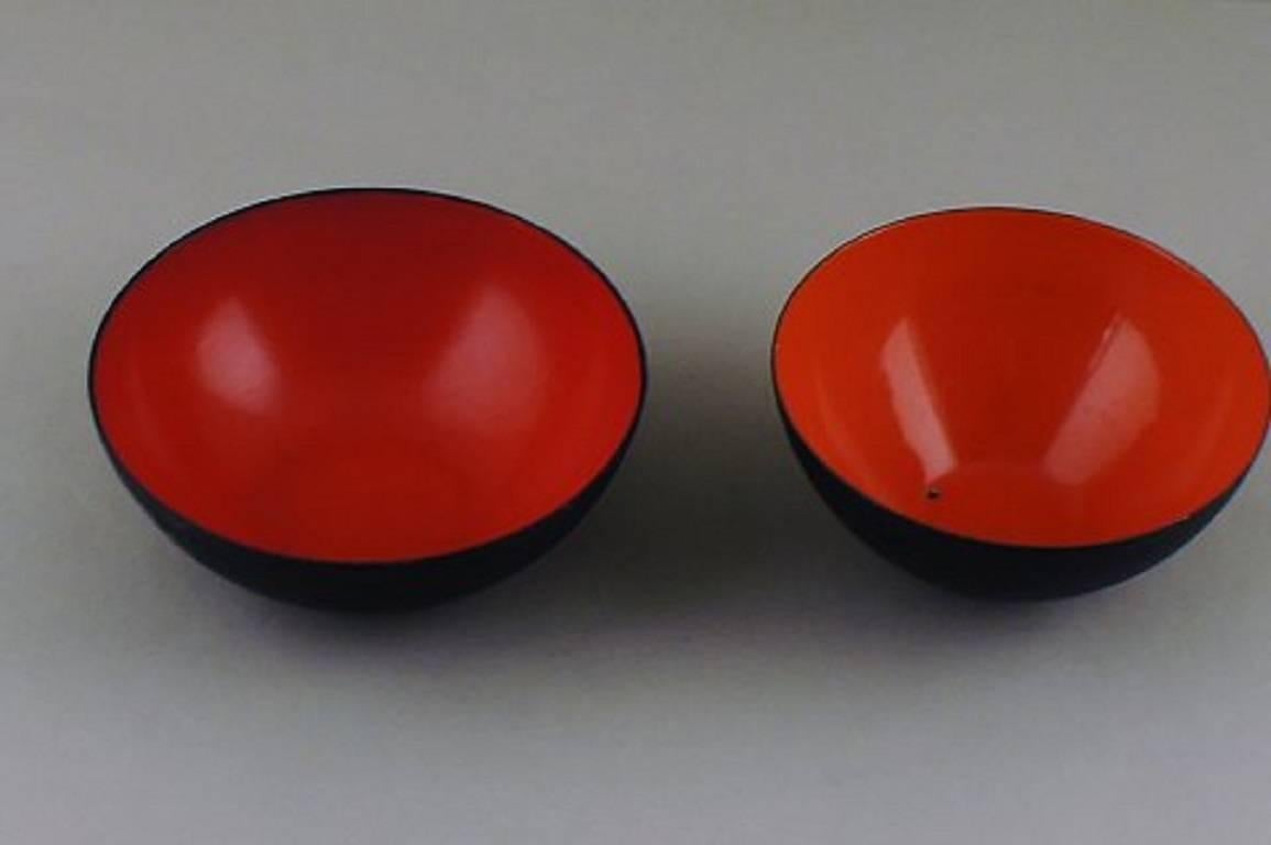 Danish Two Krenit Bowls, Herbert Krenchel, Black Metal and Red and Orange Enamel, 1970s