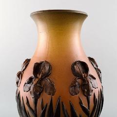 Rare Ipsen's, Denmark Art Nouveau Large Ceramic Vase, Flowers in Relief