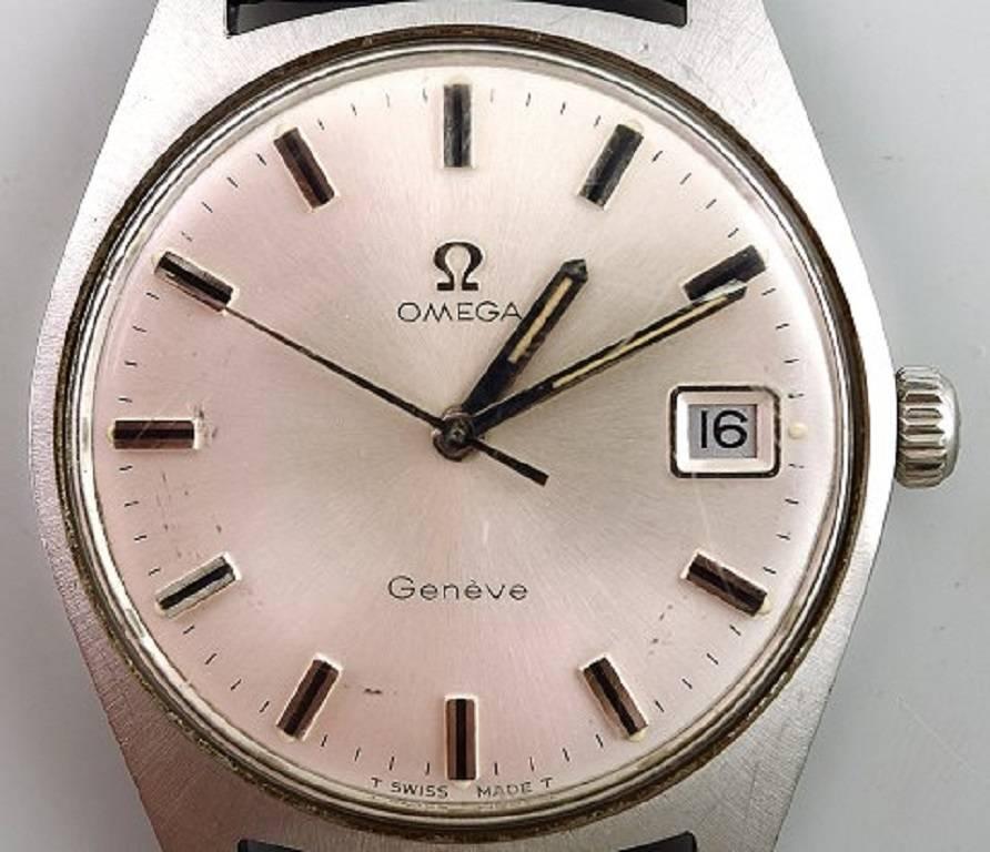 Steel Omega Geneva, vintage wristwatch, circa 1969.

In good condition. 

The clock works.

Diameter: 34 mm.