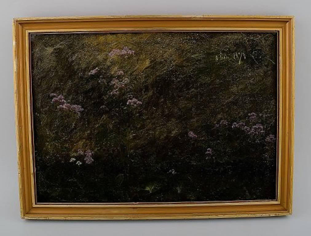 Christian Zacho (1843-1913) flower studio.

Oil on canvas.

Signed CZ and dated July 8, 1874.

Measures: 32 x 22 cm.

The frame measures 1.5 cm, beautiful gold frame.