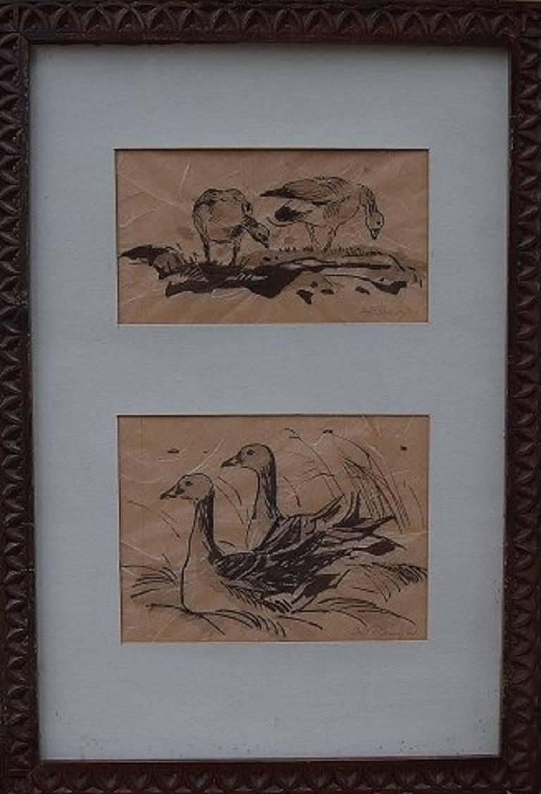 Leif Rydeng: b. Elsinore 1913 d. 1975. Well listed Danish artist.

Two bird studies.

Signed. Leif Rydeng 61.

Watercolors on Japan paper.

Measures: visible size 20 x 15 cm and 20 x 11 cm.

In good condition, yellowish paper, folding