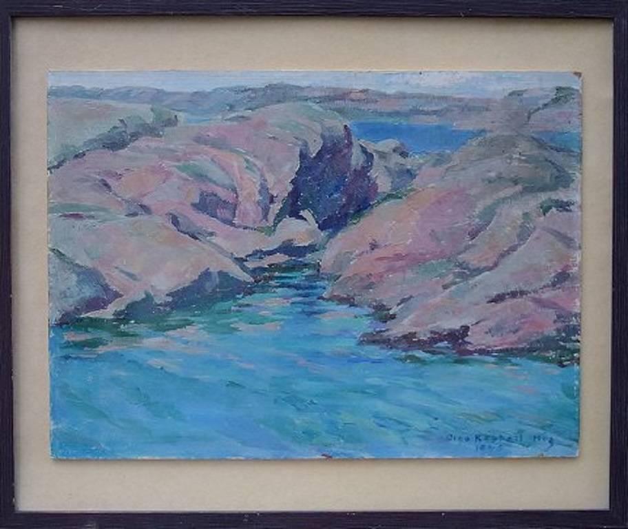 Unknown artist, dated 1946.

Landscape with skerries, oil on panel.

In perfect condition.

Signed indistinctly Olga R ??, dated 46.

Measures: 33 x 24 cm. The frame measures 1.5 cm.
