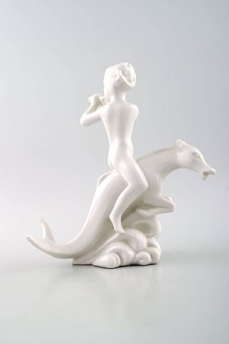 Swedish Two Harald Salomon for Rörstrand, Blanc De Chine or White Glazed Faun Figurines