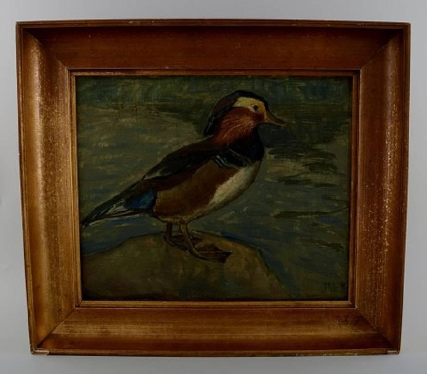 Danish artist, dated 1918

Mandarin duck, oil on canvas.

In perfect condition.

Signed indistinctly NJ, dated 1918.

Measures 35 x 29 cm. The frame measures 6 cm.