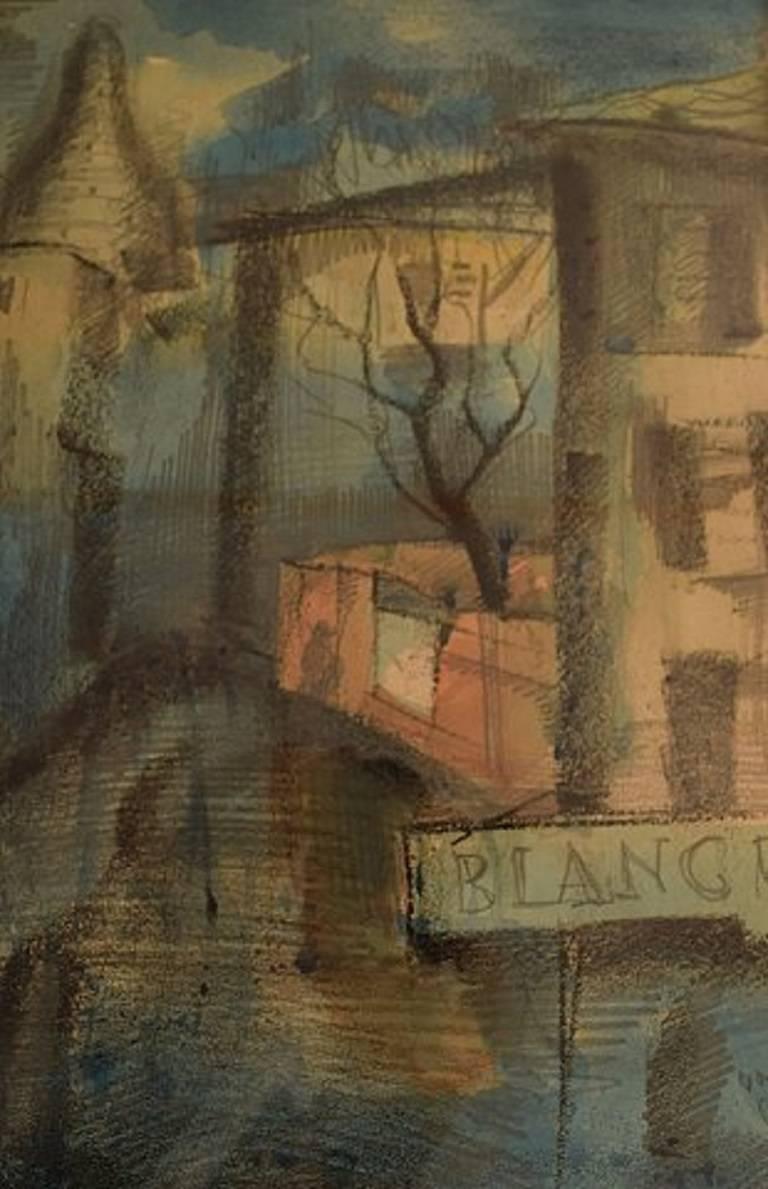 Danish Mogens Vantore: Scenery from Paris Crayon, Pencil and Watercolor on Paper For Sale