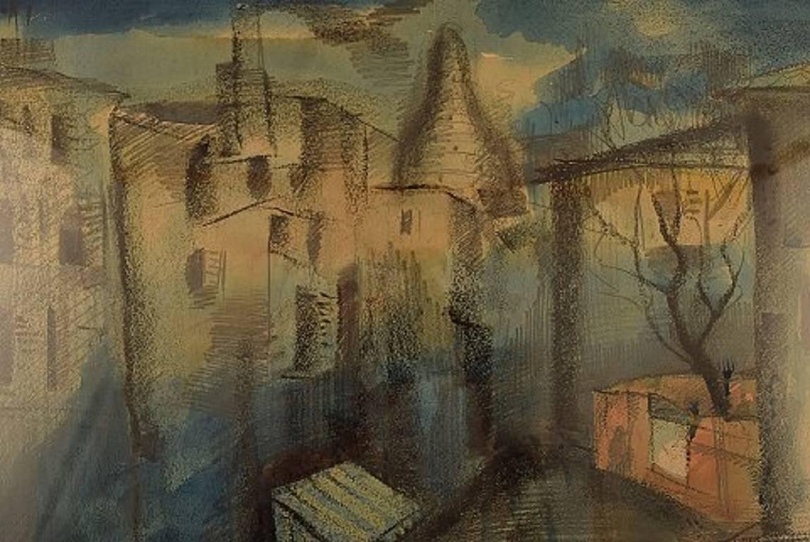 Scandinavian Modern Mogens Vantore: Scenery from Paris Crayon, Pencil and Watercolor on Paper For Sale