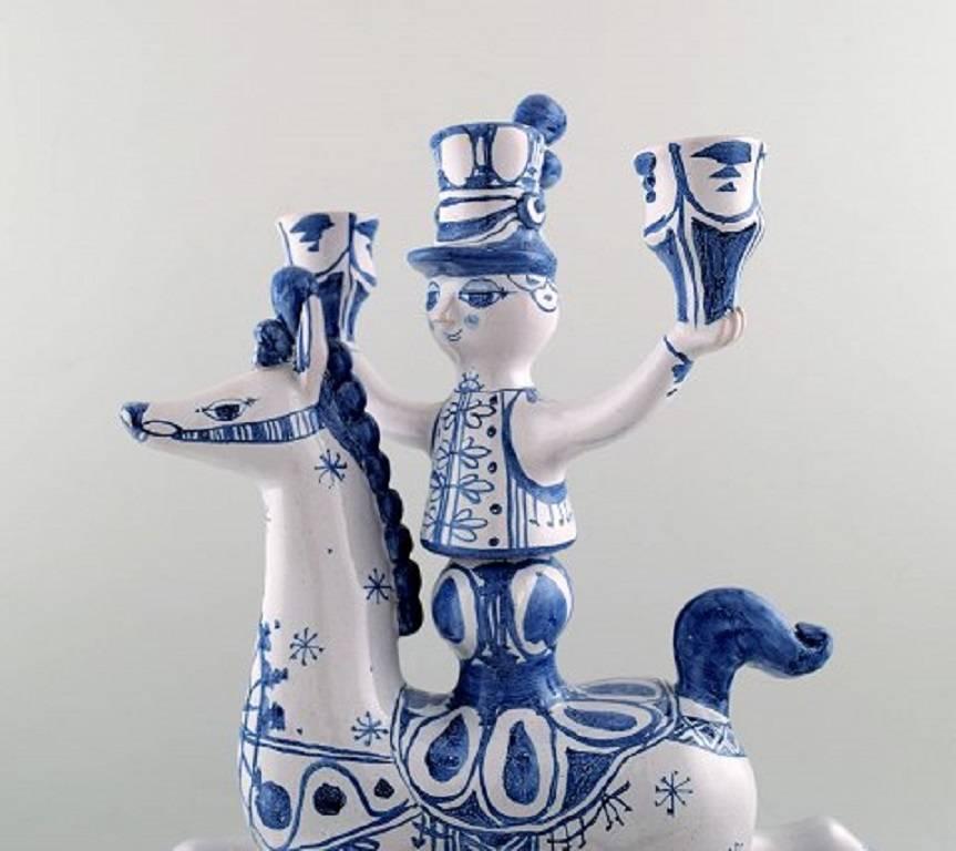 Scandinavian Modern Bjørn Wiinblad Large Ceramic Figure from the Blue House. Figure and Candlestick