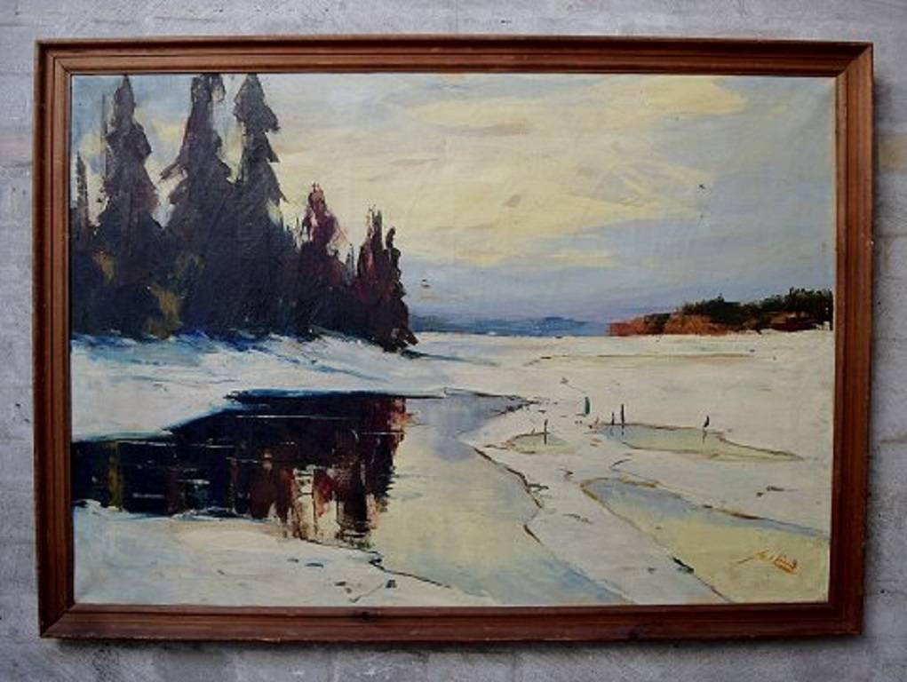 Axel Lind (1907-2011) winter landscape with forest, oil on canvas.

Signed: Axel Lind.

Measures: 67 cm x 97 cm. The frame measures 4 cm.

In perfect condition.