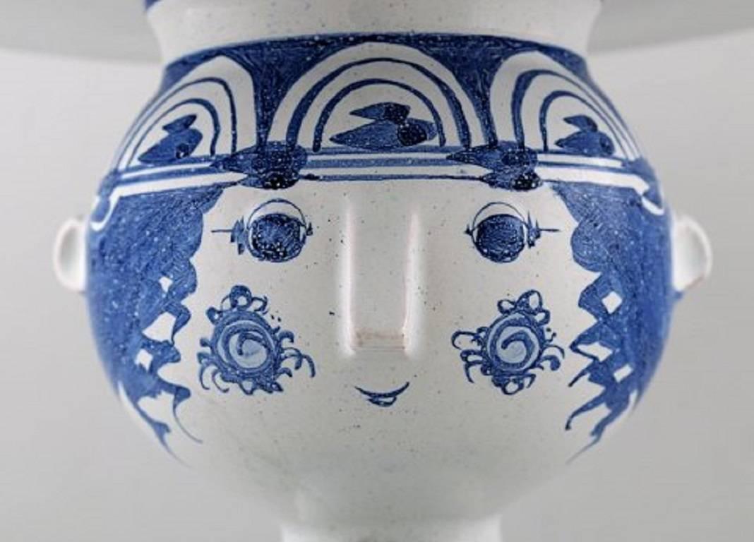 Danish Bjørn Wiinblad, Five-Piece Vase Hand Decorated in Blue Pottery, Woman with Hat