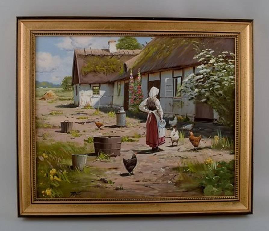 Oil on canvas, Roald Hansen (born 1938) 

Idyllic exterior with thatched house and chickens in the yard. 

Measures 32 x 40 cm. 

In perfect condition. 

Signed RH.

Measure: The golden frame is 3 cm. wide and in perfect condition.