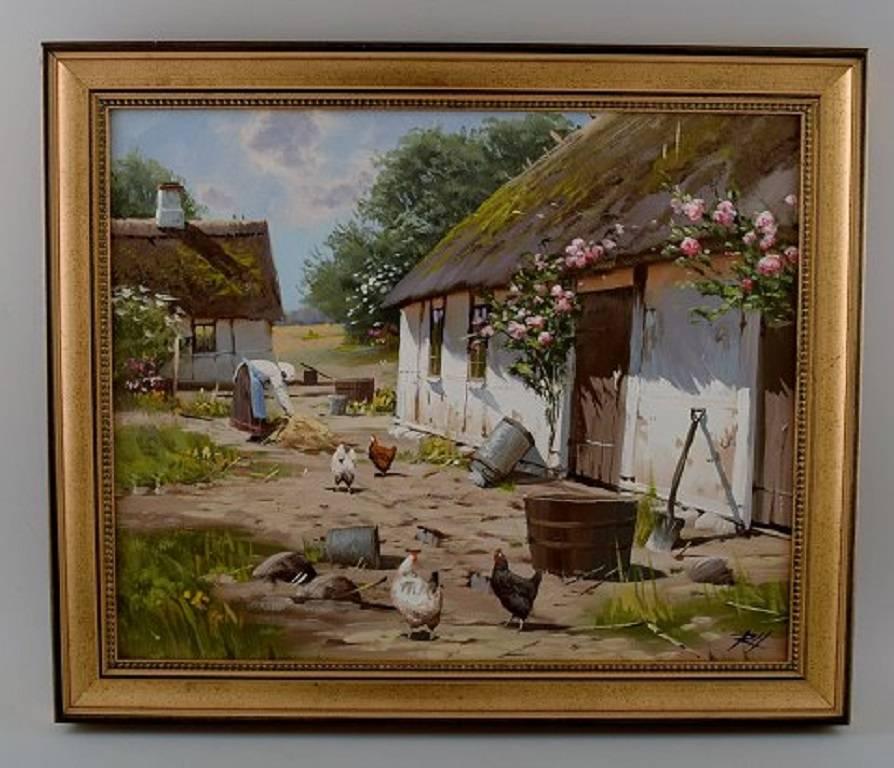 Öl auf Leinwand:: Roald Hansen (geb. 1938)

Idyllischer Außenbereich mit strohgedecktem Haus und Hühnern im Hof. 

Maße: 32 x 40 cm. 

In perfektem Zustand. 

Gezeichnet RH. 

Der goldene Rahmen ist 3 cm breit und in perfektem Zustand.