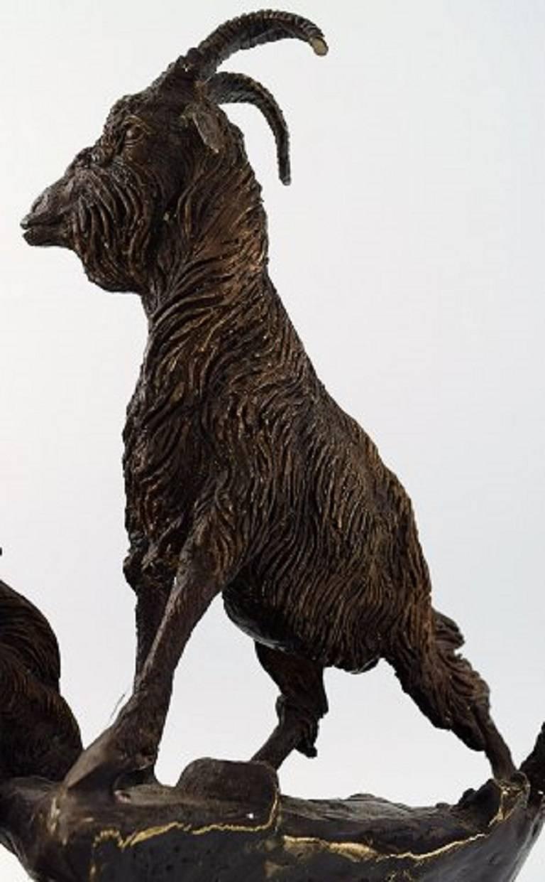 Romantic Jules Moigniez Bronze Sculpture of Goat Pair on Oval Base