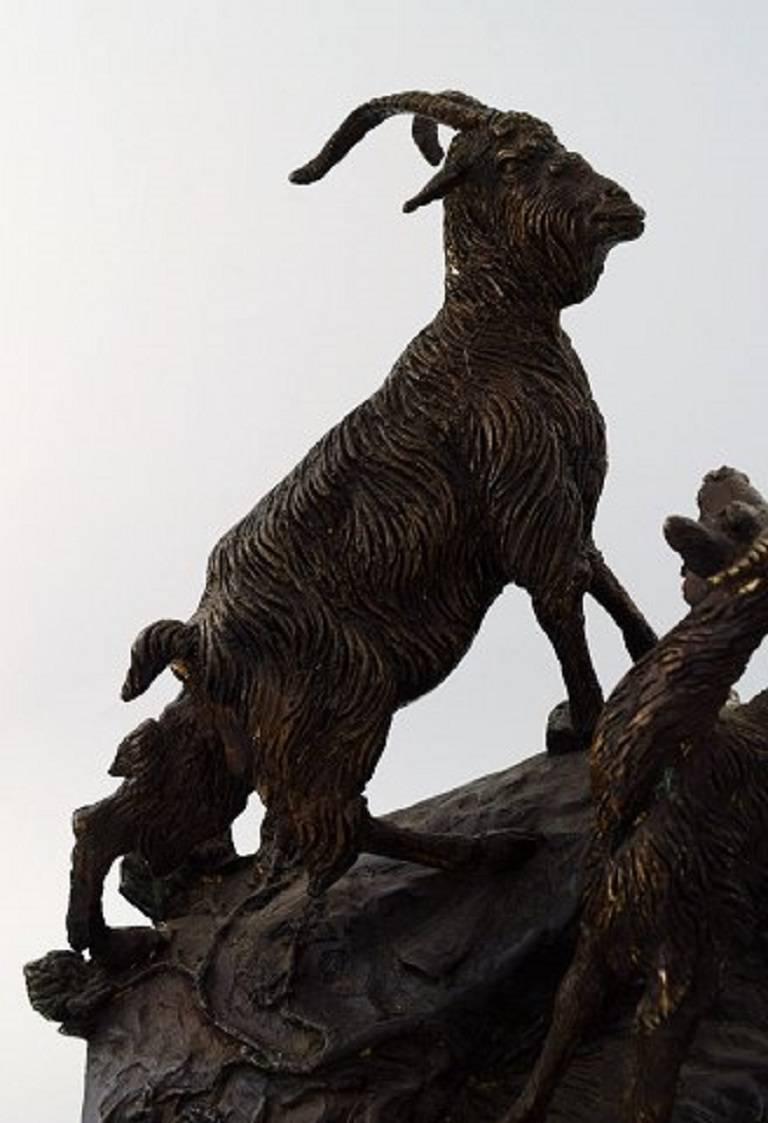 French Jules Moigniez Bronze Sculpture of Goat Pair on Oval Base