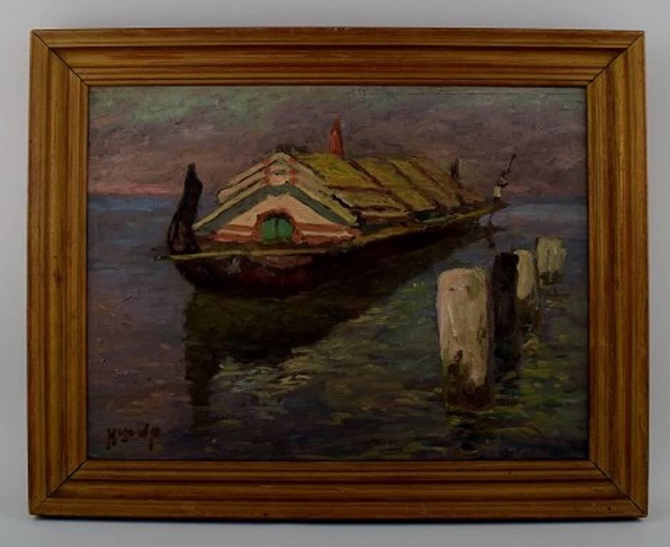 Hugo V. Pedersen: An Indonesian river boat from Java. 

Oil on canvas. 

A well listed Danish artist,

circa 1940s.

Signed Hugo V. P. 

Measures : 31 x 41 cm. (without the frame)

In perfect condition.