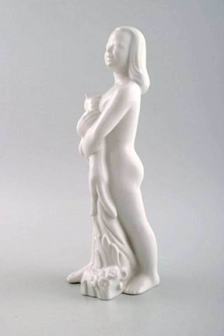 Mid-Century Modern Harold Salomon for Rorstrand, White Glazed Figure of a Girl with Cat For Sale