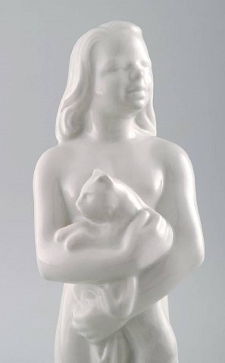 Swedish Harold Salomon for Rorstrand, White Glazed Figure of a Girl with Cat For Sale