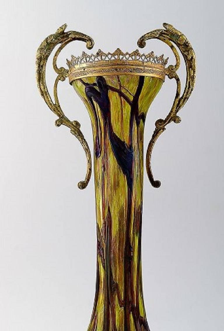 European Art Nouveau a Pair of Large Art Glass Vases, Bronze Fittings, circa 1900