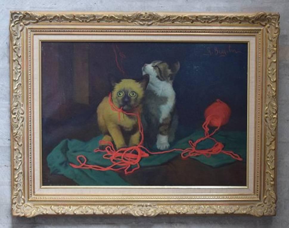 Giovanni Bragolin (born 1911, d. 1981) Italian artist.

Oil on canvas. Two kittens.

High quality painting, circa 1960.

Measures: 67 cm. X 47 cm. Total size with frame: 89 cm. X 69 cm.

In perfect condition.

Signed.