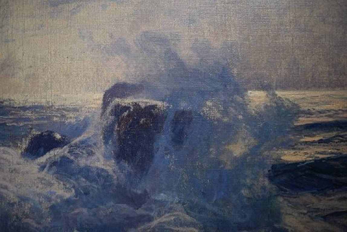 Scandinavian Modern Oscar Hullgren Swedish Painter Oil on Canvas Coastal Scene