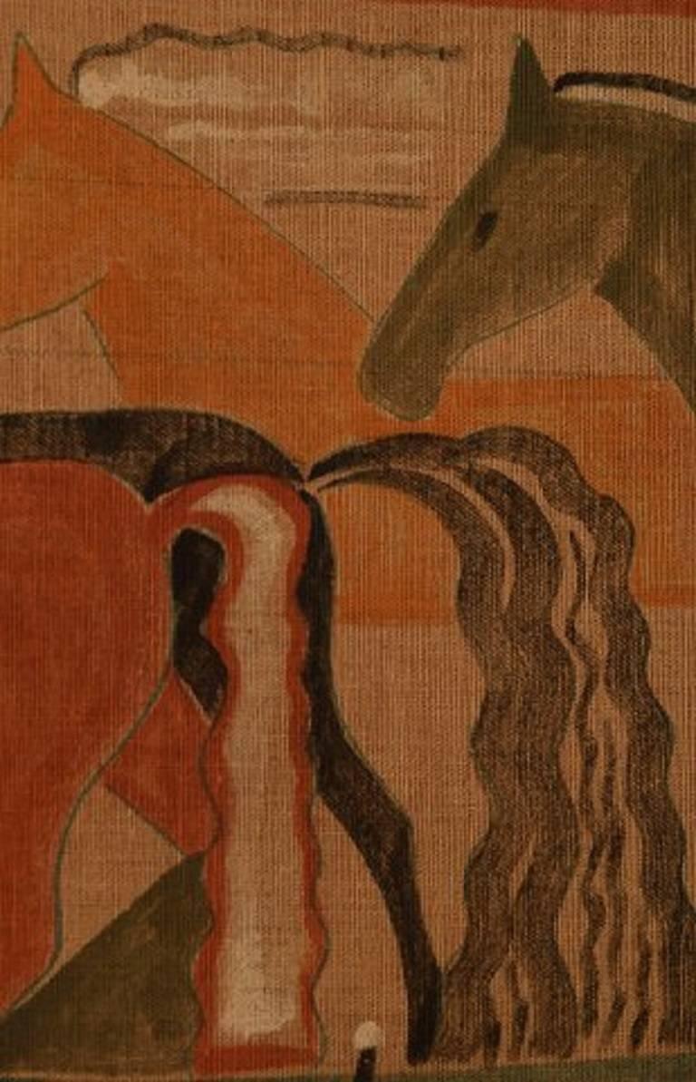 Mid-20th Century Cubist, 1930s Male and Horses Unknown Artist Watercolor and Pencil on Canvas
