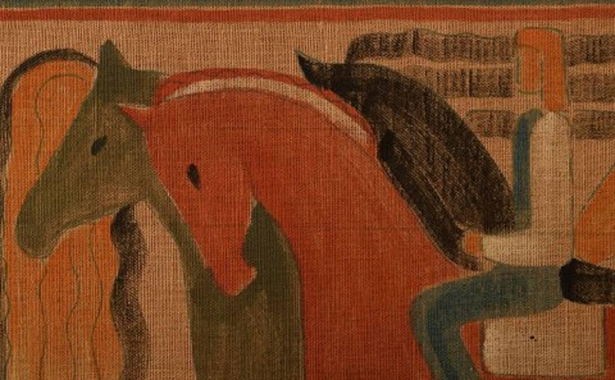 Cubist, 1930s Male and Horses Unknown Artist Watercolor and Pencil on Canvas In Excellent Condition In Copenhagen, DK