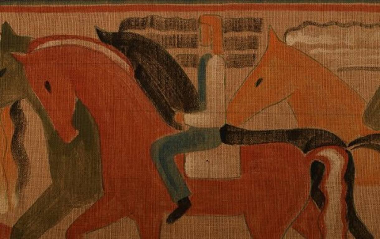 Modern Cubist, 1930s Male and Horses Unknown Artist Watercolor and Pencil on Canvas