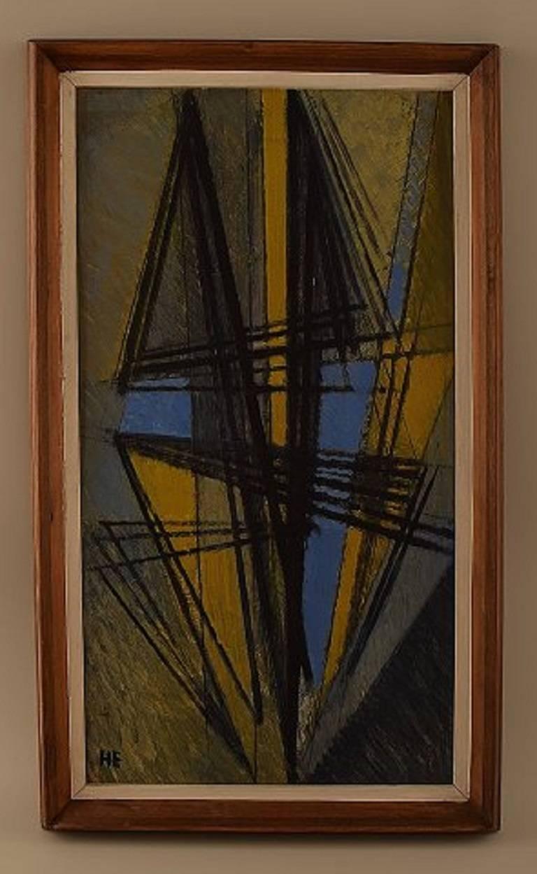Helge Ernst: B. Copenhagen 1916, dated, Grevinge 1991.

Composition.

Oil on board.

Signed: H.E.

Price example: A painting by Helge Ernst was sold at Bruun Rasmussen in 1987 for $ 7.949 USD.

50 cm. X 27 cm. The frame measures 3