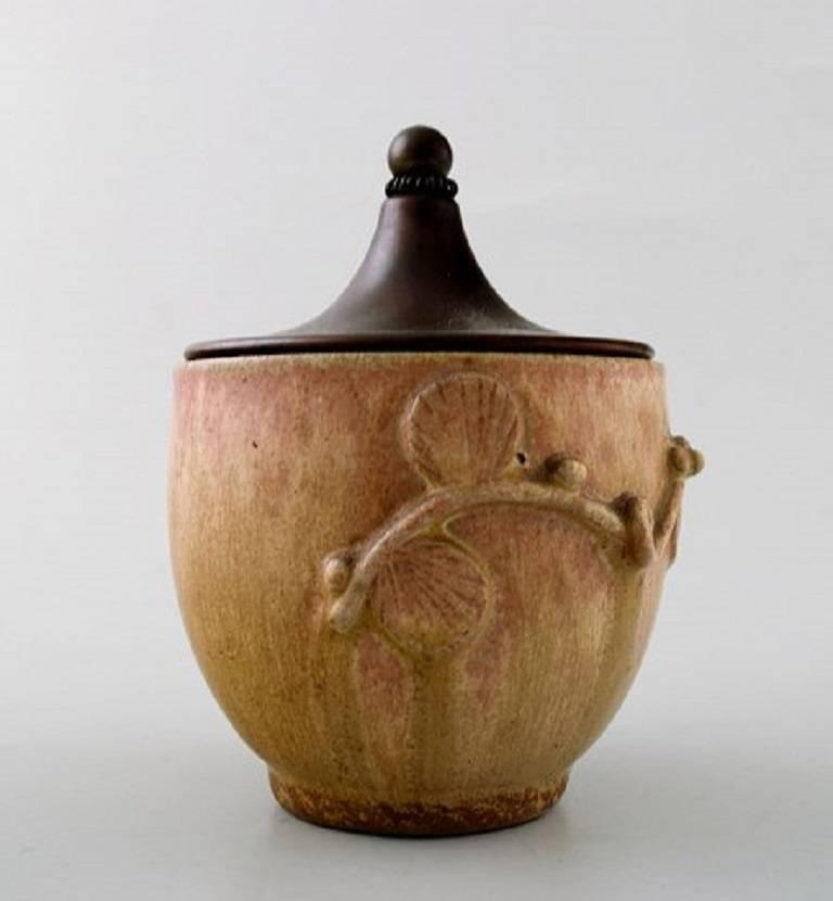 Scandinavian Modern Arne Bang Jar with Lid of Glazed Stoneware with Foliage in Relief