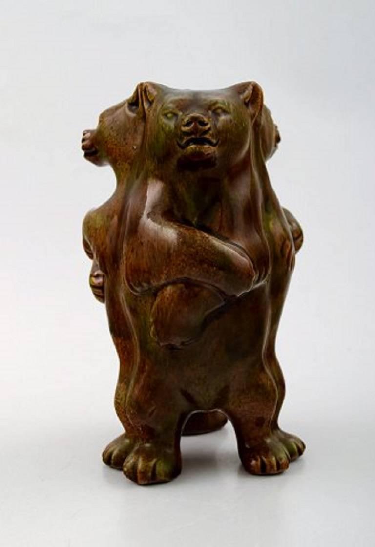 Unique Karl Hansen Reistrup for Kähler, Denmark. Three bears, ceramic figure. 
Bear vase, circa 1900.
Provenance: Private Danish collection of Kähler ceramics.
Glaze in brown shades.
In perfect condition.
Measures 16 x 11 cm.
Stamped.