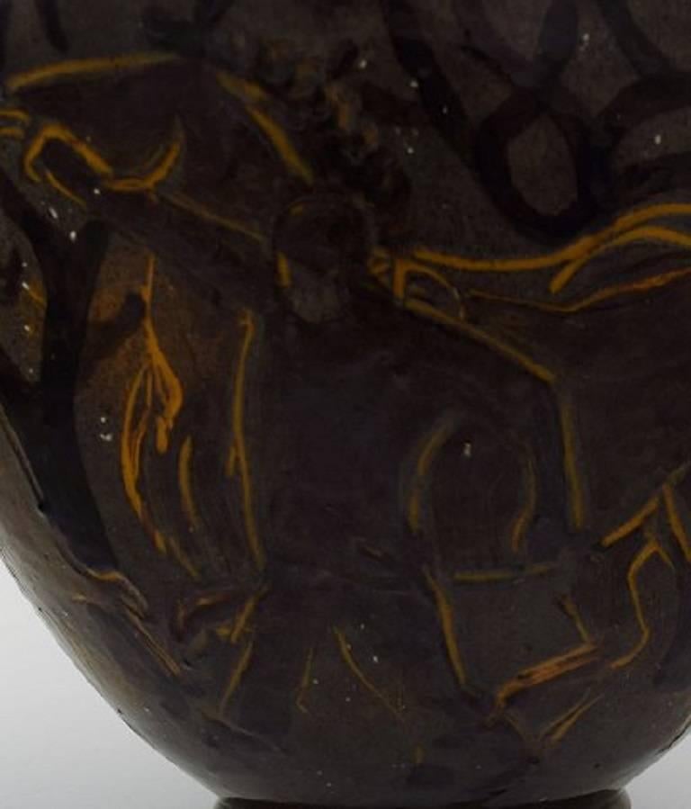 Early 20th Century Unique Helge Daner Jensen for Kahler Ceramic Bowl Decorated with Men and Horses