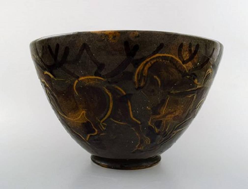 Art Deco Unique Helge Daner Jensen for Kahler Ceramic Bowl Decorated with Men and Horses For Sale