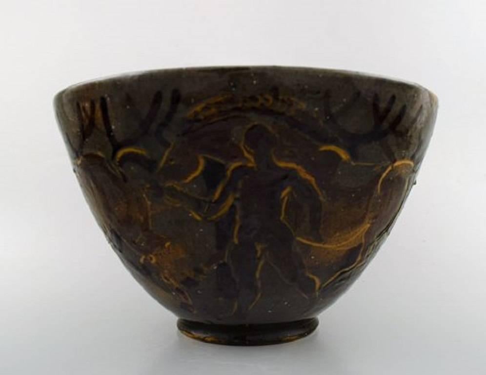 Danish Unique Helge Daner Jensen for Kahler Ceramic Bowl Decorated with Men and Horses
