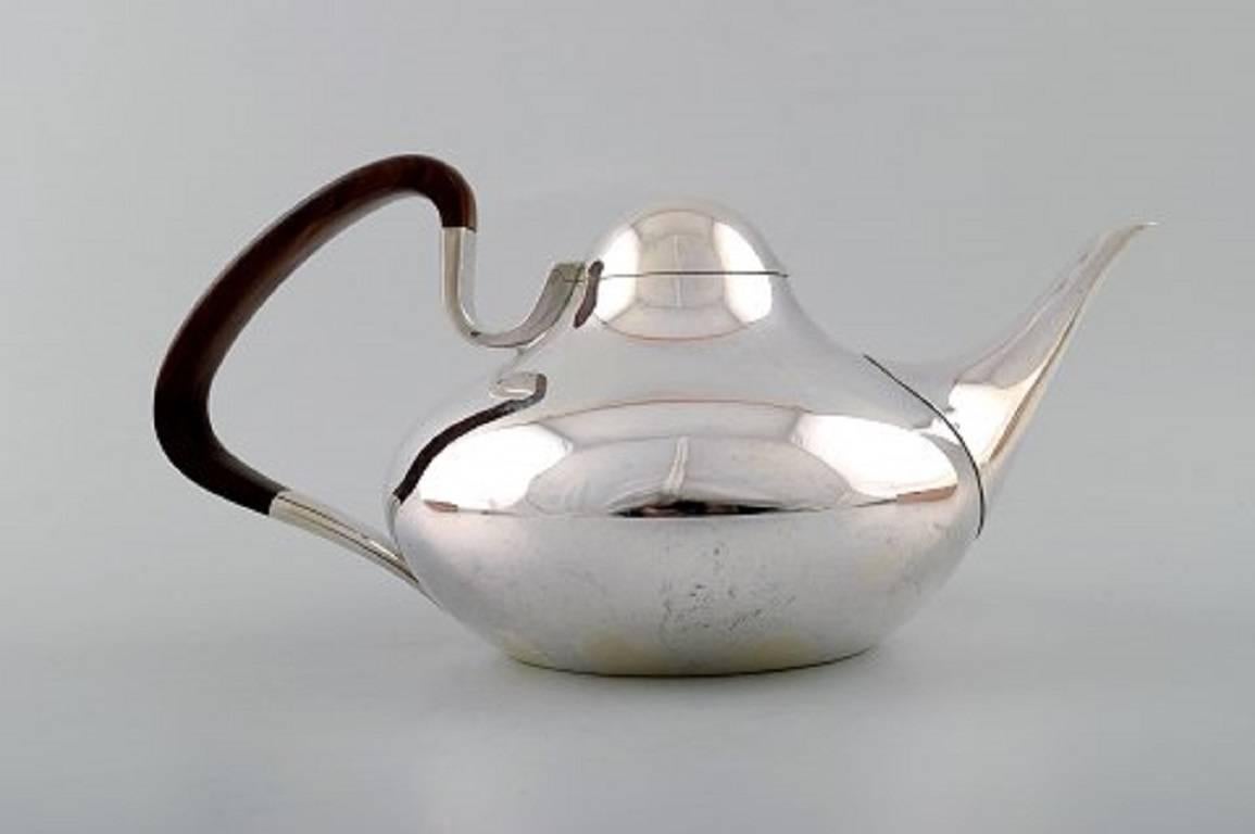 Scandinavian Modern Georg Jensen Tea Pot in Sterling Silver with Handles in Guayacan Tree
