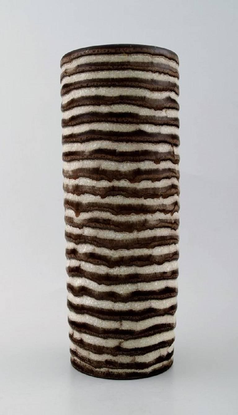 Scandinavian Modern Helge Osterberg, Vase of Burnt Chamotte Clay, Brown Stripes