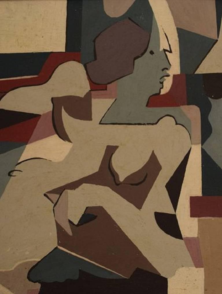 Modern Lying Naked Woman, Mid-20 Century, Unknown Artist, Oil on Wood