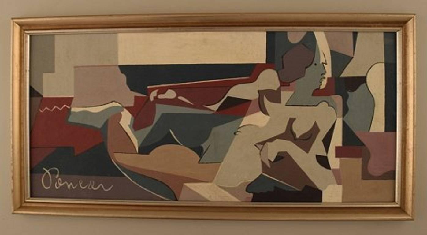 Lying naked woman, mid-20 century, unknown artist.
Oil on wood.
Signed illegible.
Measures: 45 cm x 20 cm. The frame measures 2 cm.
In perfect condition.