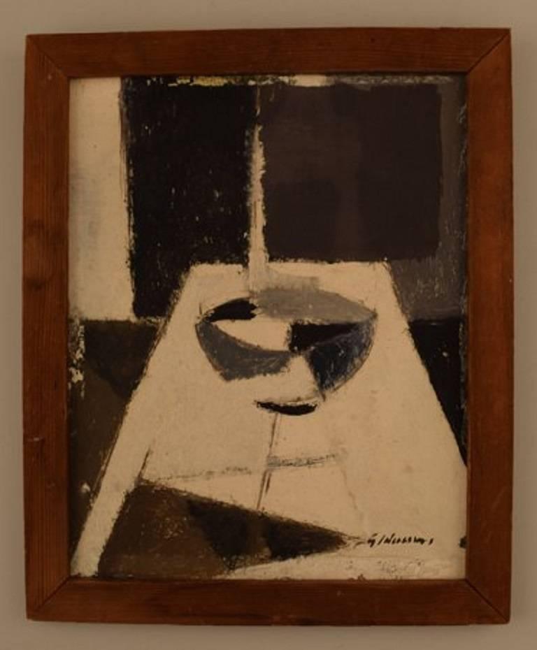 Modernist still life, mid-20th century, unknown painter.
Oil on board.
Signed illegible.
Measures: 24 cm. x 19 cm. The frame measures 2 cm.
In perfect condition.
