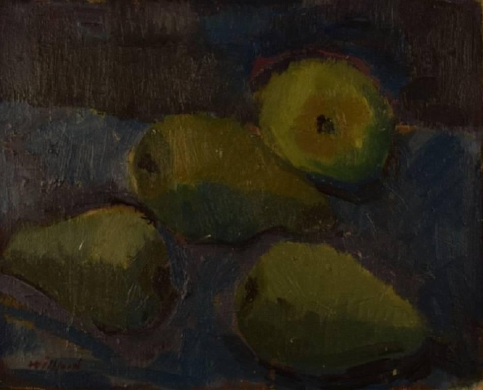 Modernist still life with pears, mid-20th century, unknown painter.
Oil on canvas.
Signed illegible.
Measures: 27 cm. x 20 cm. The frame measures 2 cm.
In perfect condition.