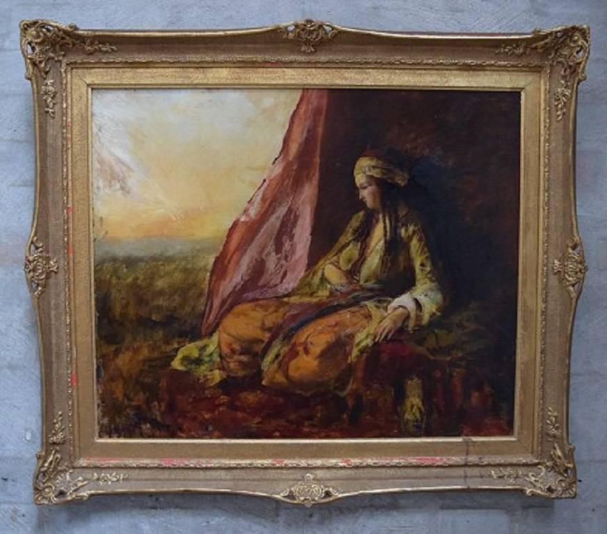 H. Smith, English orientalist, Harem's woman in landscape, late 19 century
Oil on canvas.
Signed: H. Smith.
Measures: 60 x 49 cm. ex. the frame. The frame measures 8 cm.
In good condition. Some professional restorations. The reverse of the