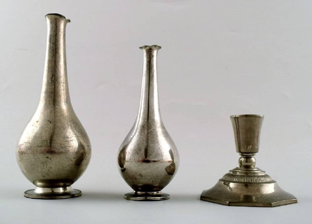 Danish Just Andersen Art Deco, a Pair of Vases and a Candlestick in Pewter, Number 1457