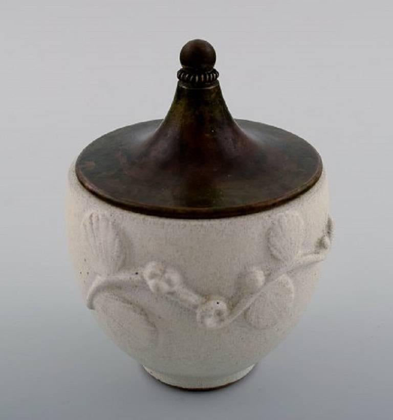 Art Deco Arne Bang Jar with Lid of Glazed Stoneware with Foliage in Relief