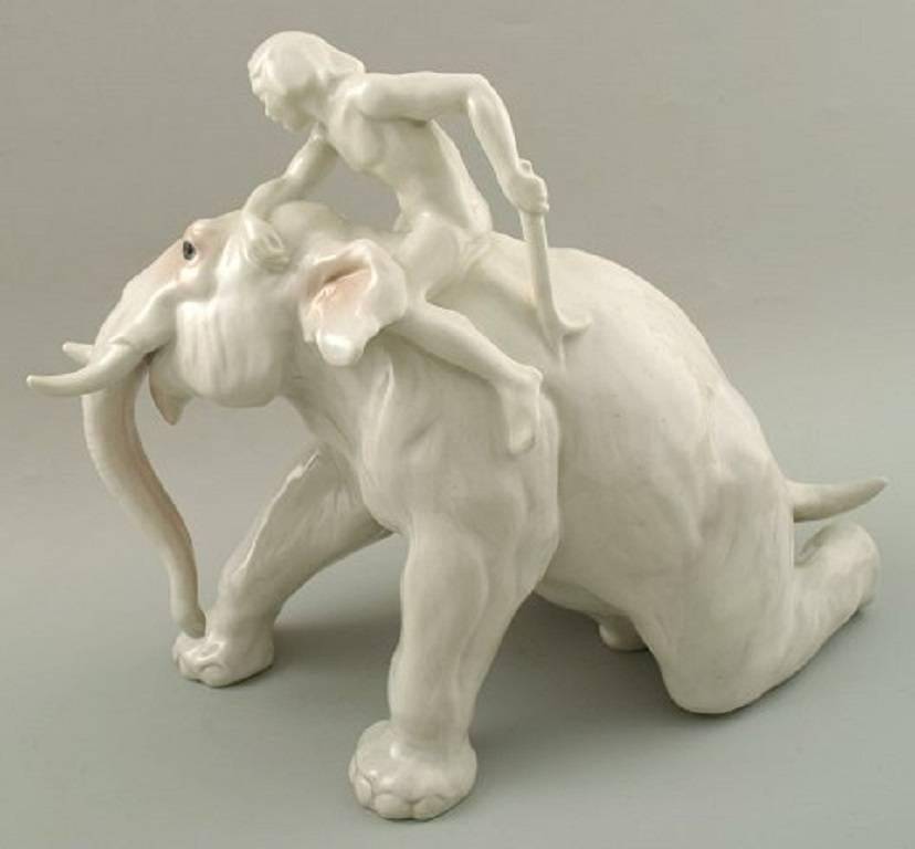 Art Deco Rare Figure Group with Mahout and Elephant, Bing & Grondahl, circa 1920 For Sale