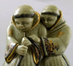 Rare Georg Thylstrup for Royal Copenhagen Crackled / Craquelé Figure, Two Monks