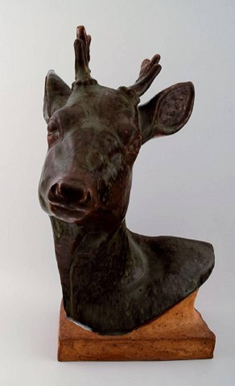 Scandinavian Modern Karl Otto Johansen 'Deer Head' Large Figure of Stoneware, B & G