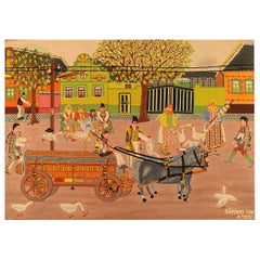 Ion Ramiant, Serbian Artist "The Carriage" Naivist School, Village Scenery