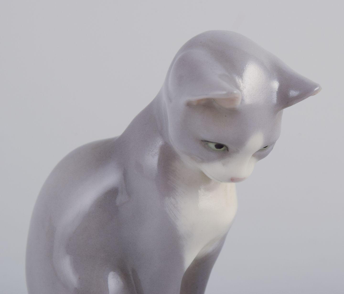 Danish Royal Copenhagen. Porcelain figurine of a sitting cat. 21st C. For Sale