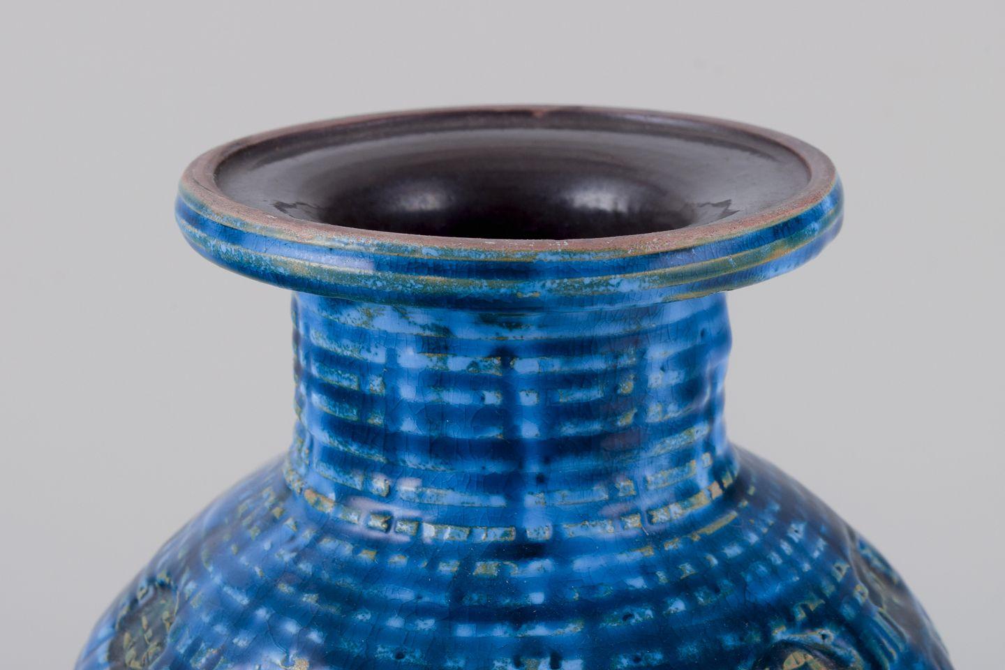 Mid-Century Modern Aldo Londi, Bitossi. Vase en céramique émaillée bleu Rimini avec motif géométrique en vente