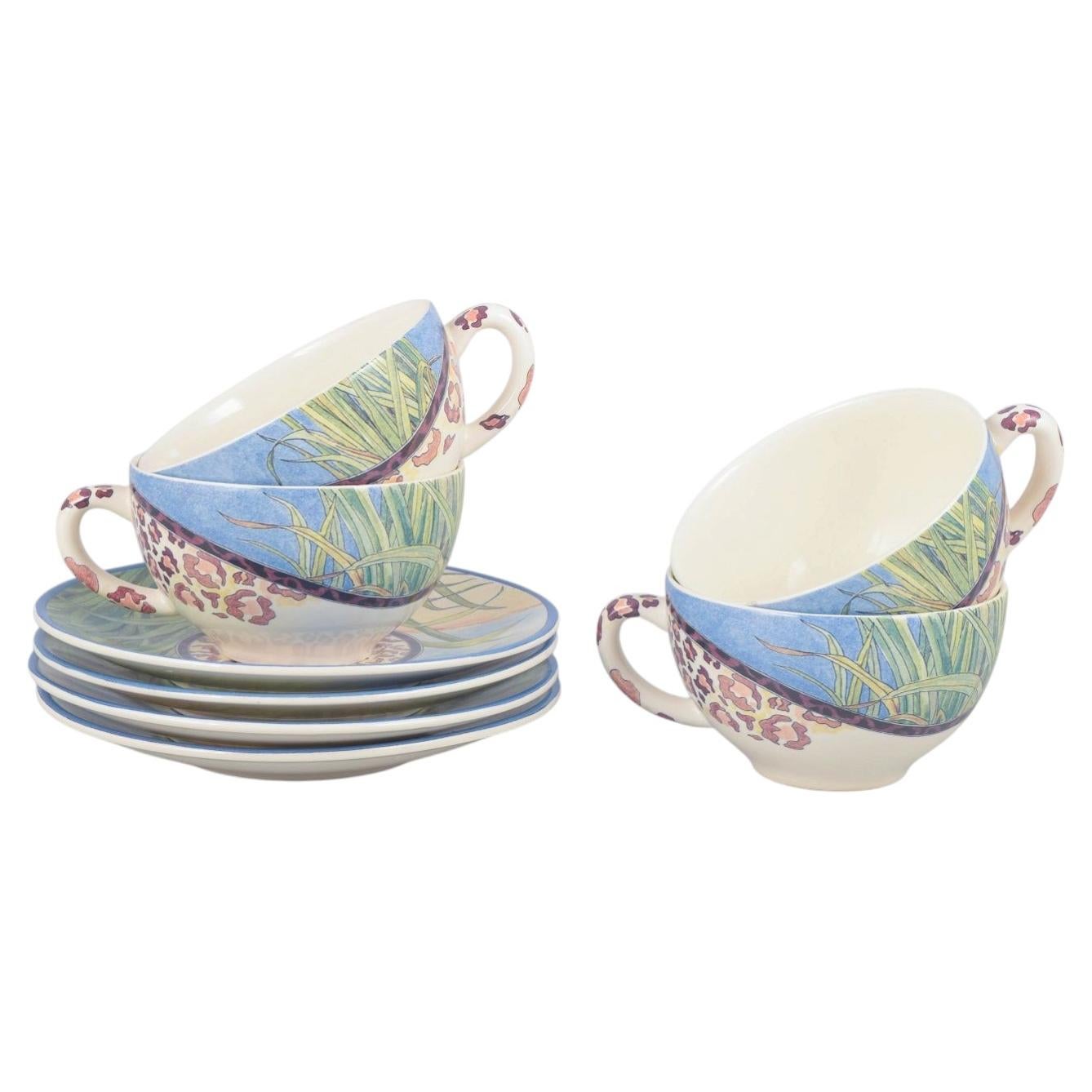Gien, "Savane". Set of four large morning cups with matching saucers. For Sale