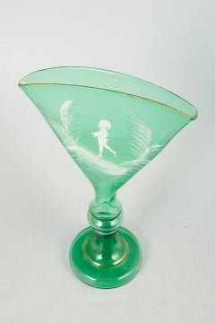 Mary Gregory-style green glass goblet with figure of child. 19th C.